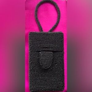 BEADED black cosmetic rectangle cosmetic/ evening mini bag with built in mirror